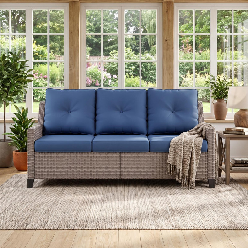 Canapé d'extérieur en rotin et osier 3 places avec coussins 73,8 po Alto, Blue