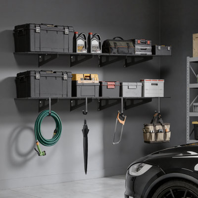 Étagère de garage murale robuste à 2 niveaux, paquet de 8 étagères murales en acier 1 x 3 pi avec crochets, support de rangement flottant en métal 24 x 72 po par tablette, capacité de poids totale de 1000 lb, noir