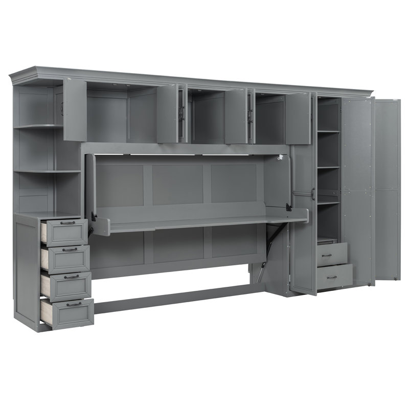 Lit escamotable simple avec garde-robe, armoire et bureau, lit escamotable pliable peu encombrant, gris, gris