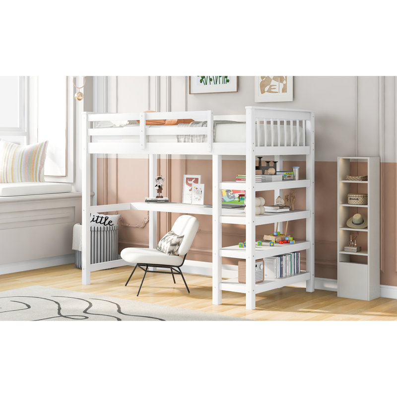 White Twin Size Loft Bed With Under Desk And Organized Shelves - Made Of Solid Pine For A Tidy Bedroom Space In Practical Charming Storage Elements Crafted Using An Enchanting