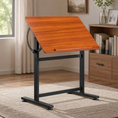 Drafting Table, Adjustable 0°–90° Tilt Drawing Desk, Portable Artist Table with Black H-Frame and Brown Desktop, Wooden Painting Desk Craft Workstatio