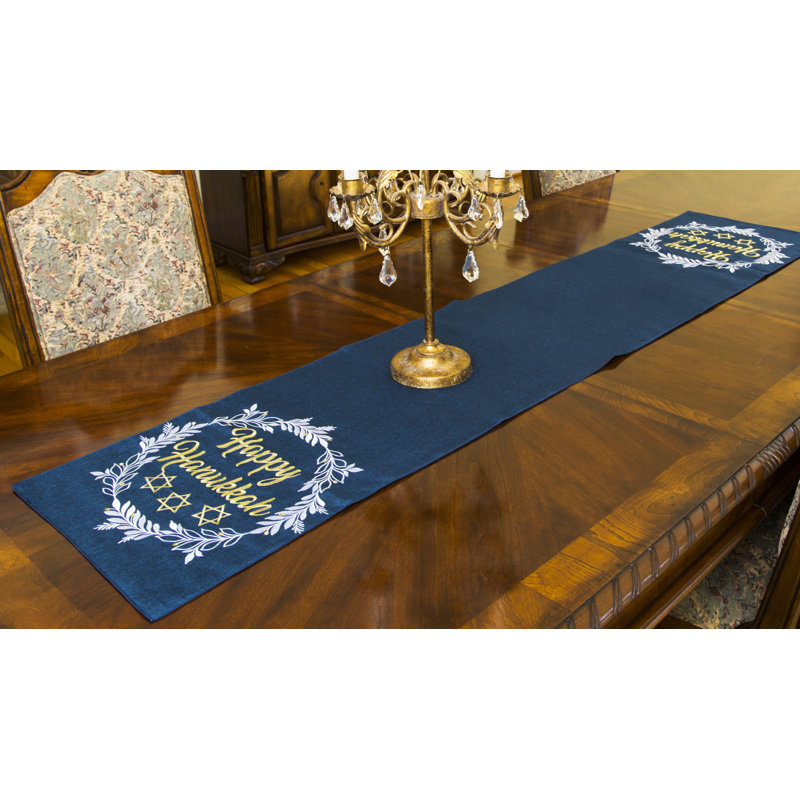 Happy Hanukkah Embroidered Table Runner, 15 By 70-Inch