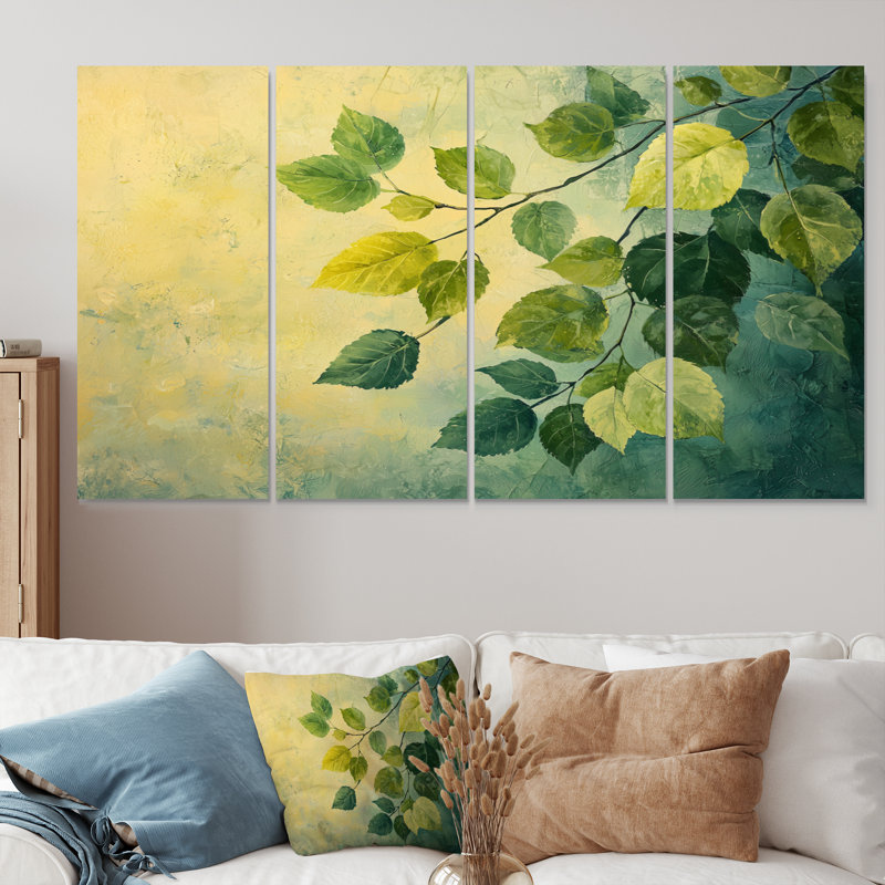 Feuilles d'été vertes - feuillage collage IV - art mural jaune - ensemble d'art mural traditionnel, H 28 po x l 48 po, 4