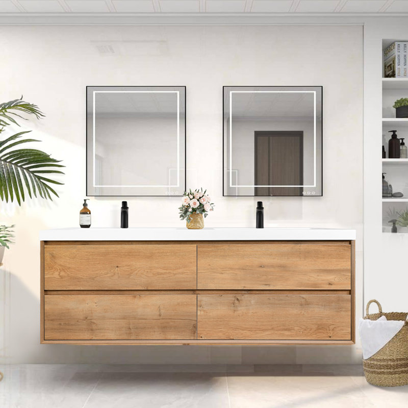 72 Inch Wall Mounted Double Sink Bathroom Vanity With White Top