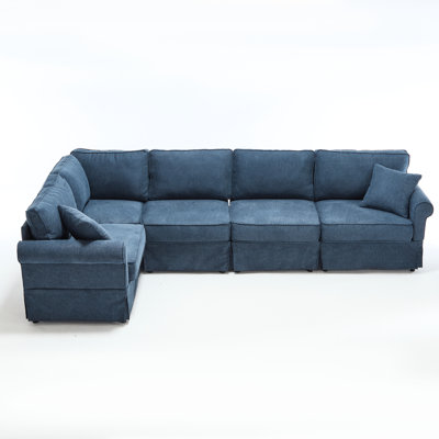 5 Reversible Couch, L Shaped Sectional With Dark Blue Upholstery And Covering Medium-Soft Seat Cushion