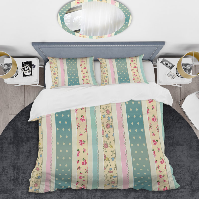 Ensemble de housse de couette en microfibre crème et vert à rayures 3 pièces