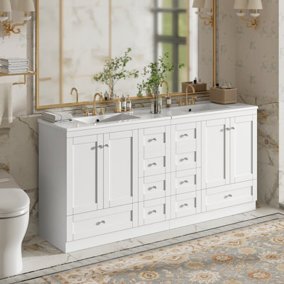 Meuble-lavabo autoportant de 72 po avec lavabo en céramique, tiroirs et portes à fermeture en douceur, design minimaliste moderne, grand espace de rangement