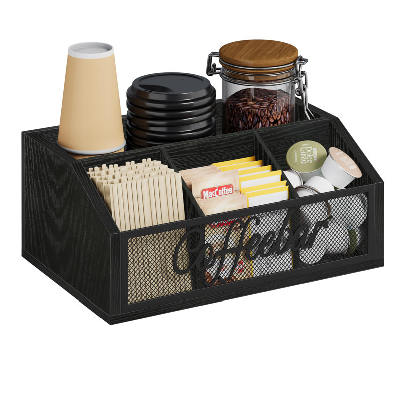 Coffee Station Organizer For Countertop, Wood Coffee Bar Organizer With Removable Dividers For Pods, Syrup, Cups, Stirrer, Tea - Office Coffee Bar Accessories