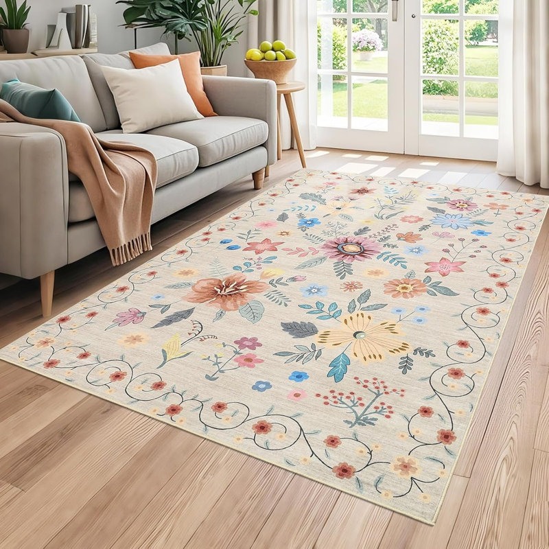 Rug Kitchen Floral Rug for Hallway Bedroom, Soft Thin Indoor Low Pile Flower Carpet with Non Slip Backing, Rectangle 5' x 7'