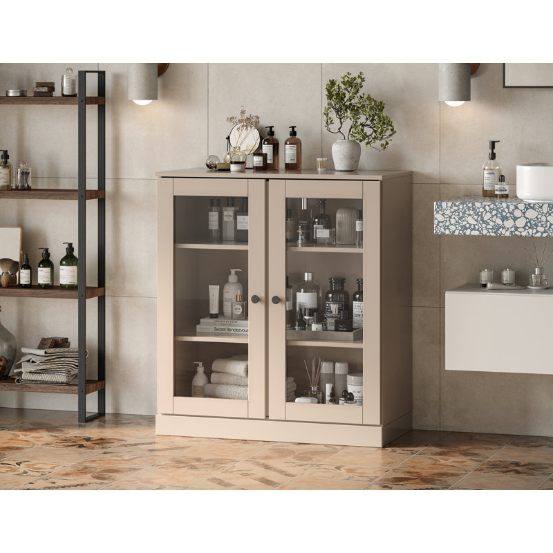 Armoire de salle de bain 100% bois massif 32 po avec portes en verre transparent et tablettes réglables, Beige