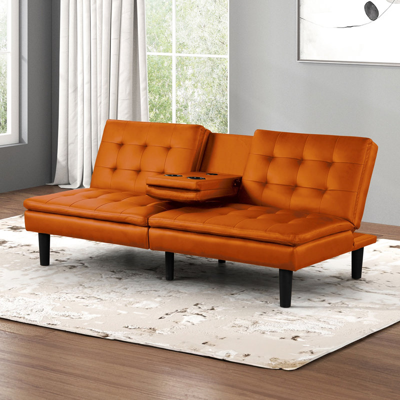 Futon lit orange contemporain avec biscuit - siège et dossier, hublots, table à langer rabattable, l 71,5 po x P 35,5 po H 32 po capitonné sur le siège