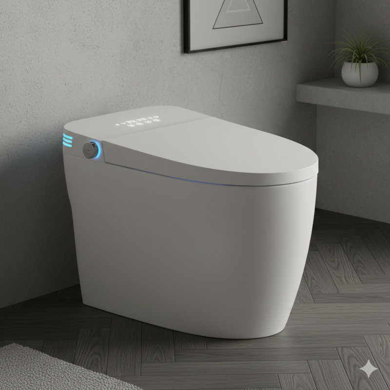 Toilette intelligente sans réservoir avec siège de bidet intégré, conception monobloc, chasse d'eau automatique, siège chauffant, lavage et séchage à l'eau chaude, réglages de température réglables, actionnable à l'aide d'une poignée latérale ou d'une télécommande.