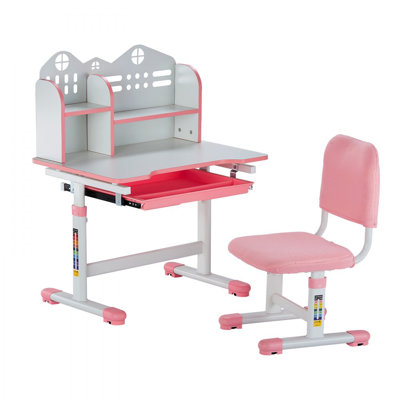 Ensemble de bureau et chaise d'étude pour enfants, bureau et chaise pour enfants avec bibliothèque et tiroir de rangement, bureau d'étude pour enfants à hauteur réglable avec chaise, table d'étude pour enfants pour chambre à coucher et salle d'étude, rose
