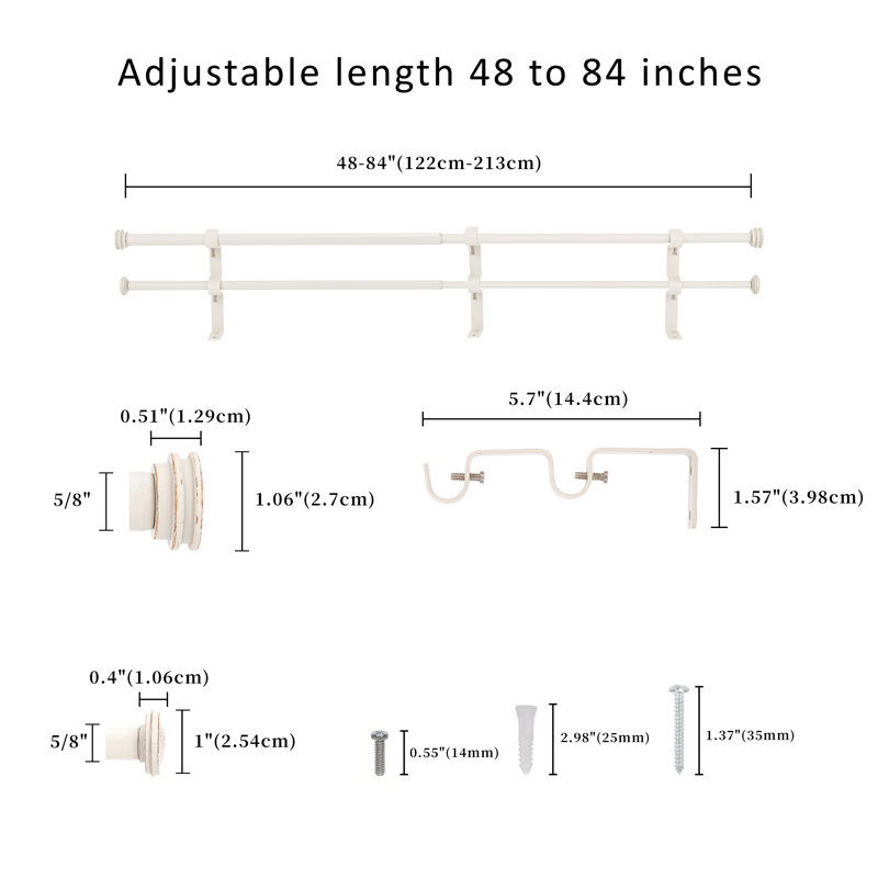 Kynley Steel Adjustable Double Curtain Pole, 48" - 84", White