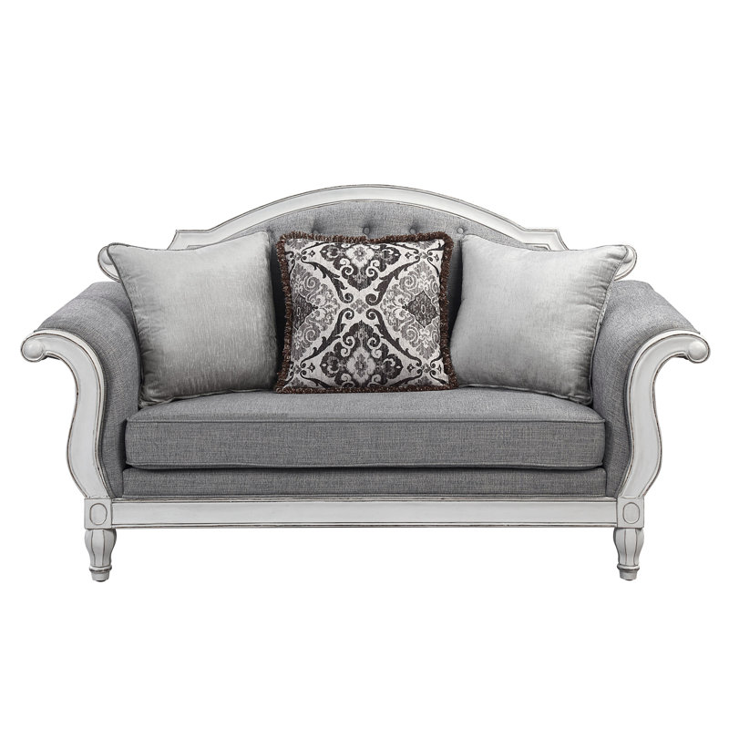 Causeuse Florian en tissu gris et blanc antique avec 3 coussins