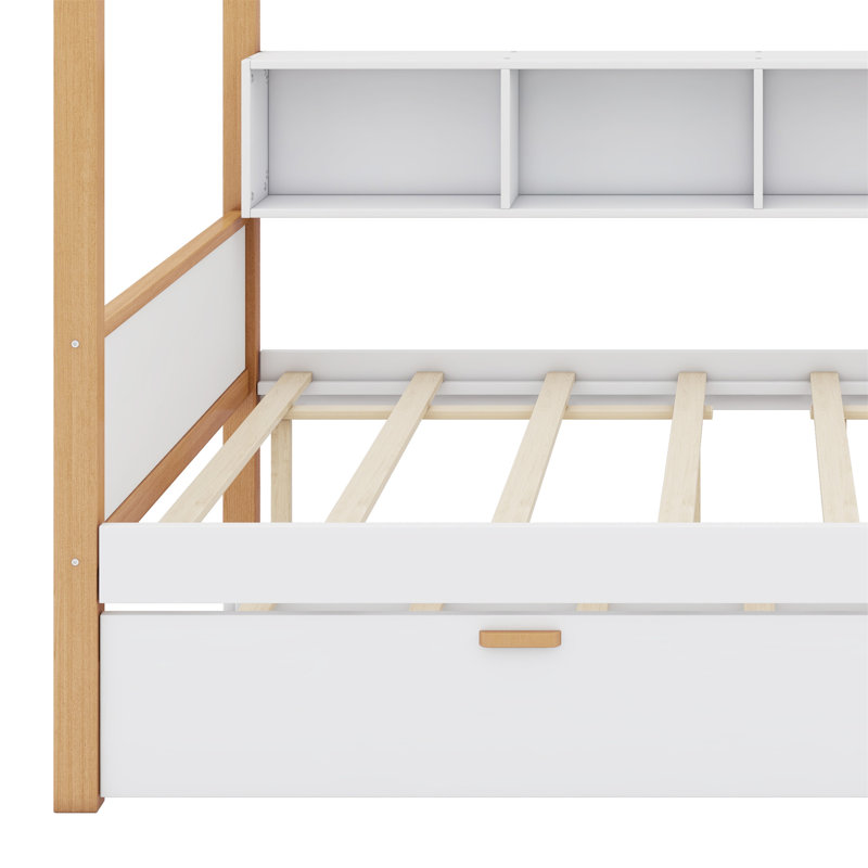 Wooden House Bed With Original Wood Colored Frame Trundle And Bookshelf Storage Space For Children Or Guest Room