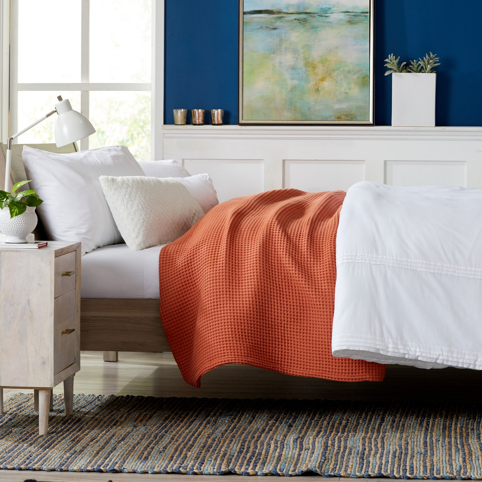 Vila Cotton Waffle Throw Blanket, Burnt Orange, King