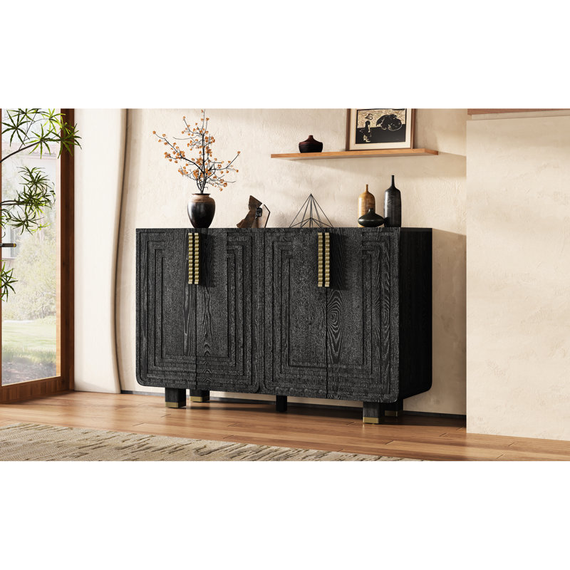 Buffet rétro de 54 po avec configuration à 4 portes, tablettes réglables, sculptures en relief 3D, finition noire, pour la salle à manger, la cuisine et le support en bois massif vivant, rangement de buffet à fermeture silencieuse, quatre portes