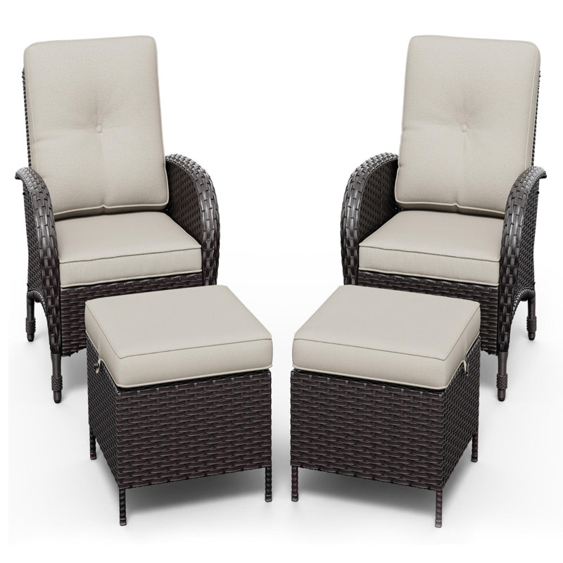 2-Person PE Wicker Outdoor Patio Set With 2 Chairs,2 Ottomans & Beige Cushions, Beige