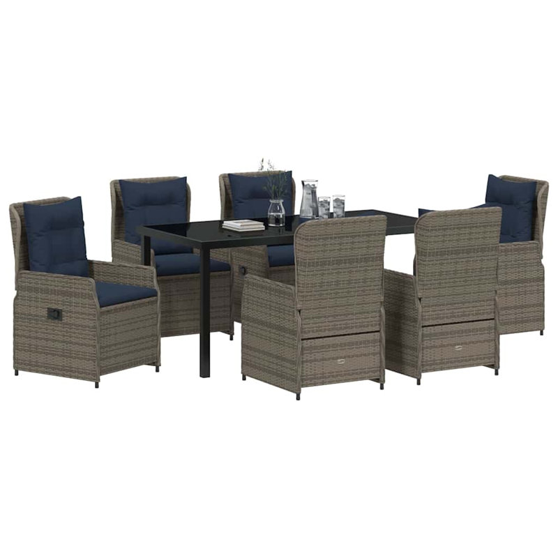  Ensemble de salle à manger de jardin avec coussin 7 pièces, Dark Blue Cushion/Light Brown Frame, 6