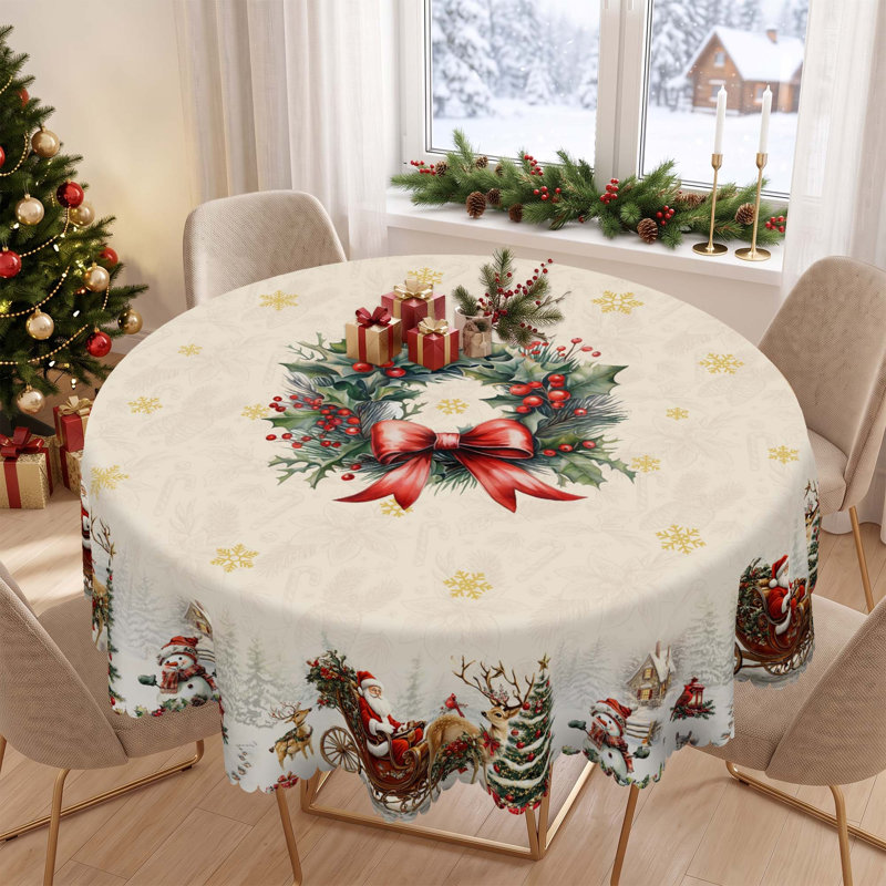 1pc round/rectangular polyester Edelen, Christmas Edelen with pine, snowman, truck, embosed edge, Christmas decorations for dining table, festival party holiday table decoration, perfect festival gift