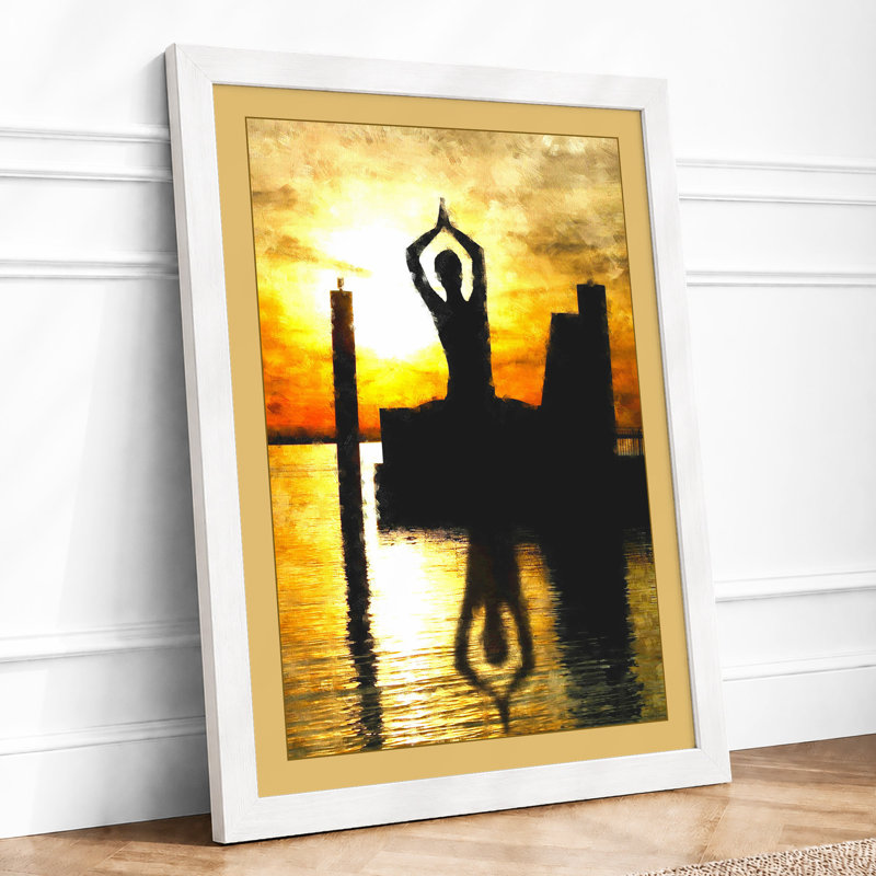 Sunset Yoga Reflected Minimalist 1 Piece Single Picture Frame Wall Art, A2 - 59.4 x 42.0 cm, White