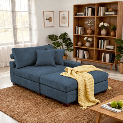 Upholstered Blue Chenille Modular Chaise Lounge with Armrests & Throw Pillows