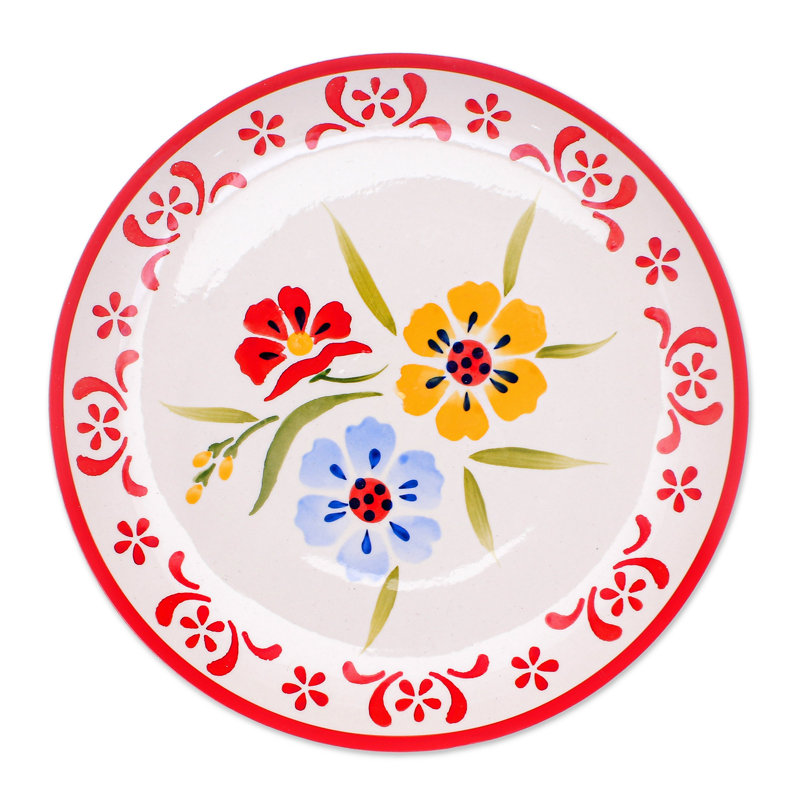 August Grove® Handmade Primrose Path In Ceramic Luncheon Plate, Red