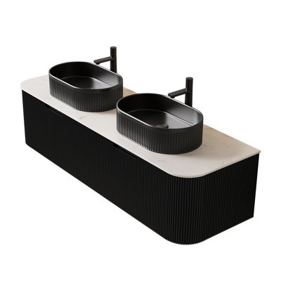 Dina 60" Bathroom Vanity With Sinks, Modern Wall-mounted Curved Edges Striped Bathroom Storage Cabinet With Drawers, 2 Black Ceramic Vessel Basins, Pre-assembled, black color