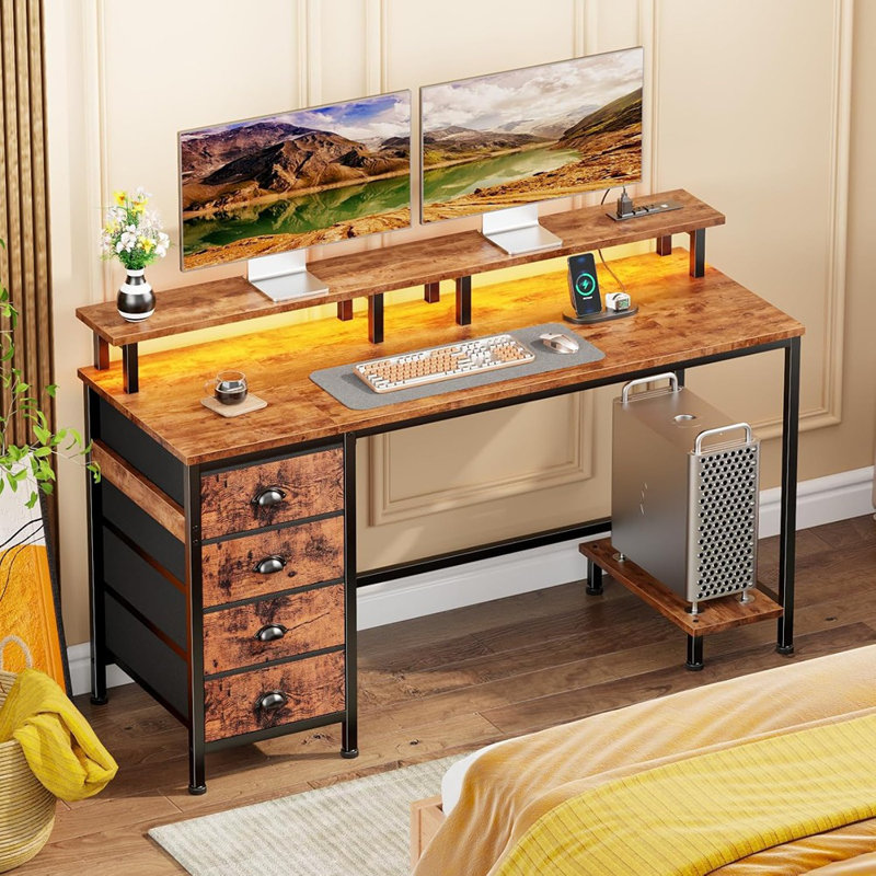 Bureau d'ordinateur pour ordinateur avec support pour moniteur, 4 tiroirs en tissu et prises de courant - lumières à DEL, table d'étude peu encombrante pour le bureau personnel, petits espaces de chambre à coucher