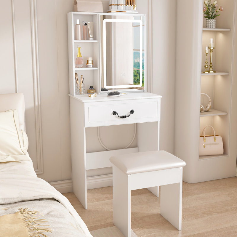 Mini coiffeuse moderne avec miroir à luminosité réglable, rangement intelligent, tablettes à plusieurs niveaux et tabouret rembourré blanc