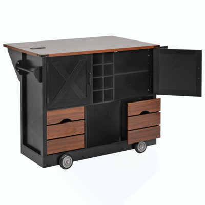 Îlot de cuisine de ferme avec abattant, prise de courant, chariot de rangement de cuisine avec 2 portes, 2 tiroirs, îlot de cuisine roulant sur 4 roues avec support à épices pour la cuisine, la salle à manger