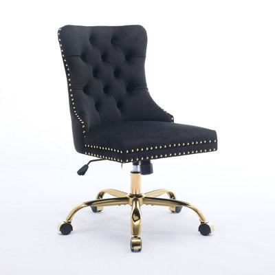 Black Velvet Upholstered Office Chair, Adjustable Swivel With Golden Metal Base, Button Design, Hand - Pulled Buttons, Comfortable High Rebound For Desk Setup Modern, Upholstered, Swivel,