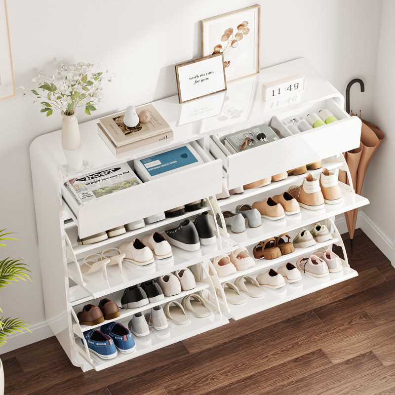 Armoire à chaussures avec 2 grands tiroirs rabattables, H 40,9 po x l 47,2 po x P 9,8 po, Blanc très luisant