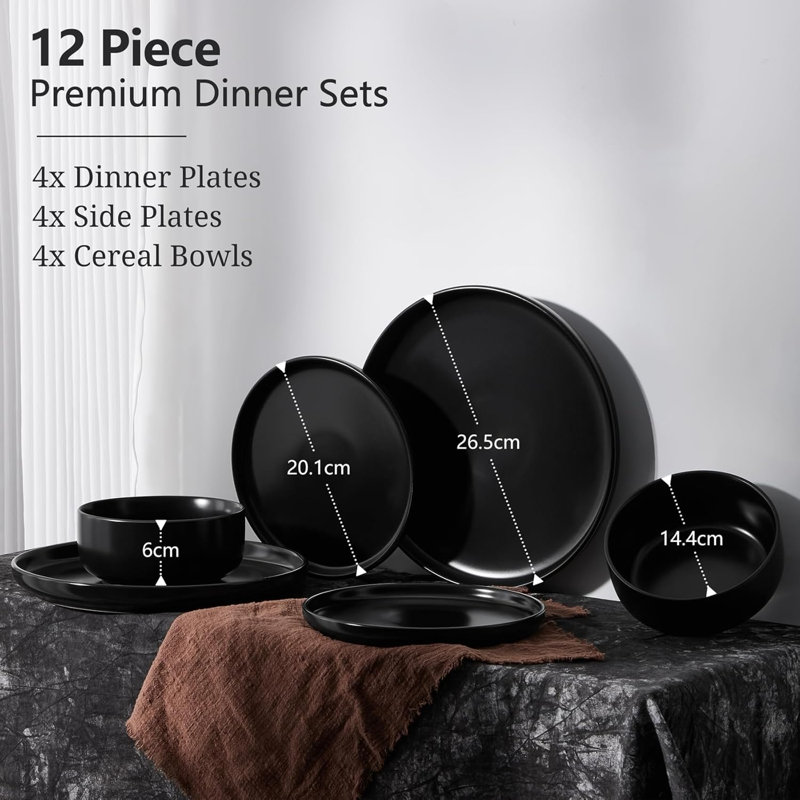 Stoneware Dinnerware - Service for 4, Matte Black