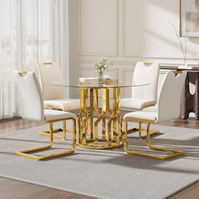 Ensemble de table de salle à manger 38,9 po pour 4 personnes, ensemble de table de cuisine moderne de 5 pièces avec base en acier inoxydable doré et 4 chaises d'appoint en similicuir, économisant de l'espace, ensemble de salle à manger pour appartement, fauteuil