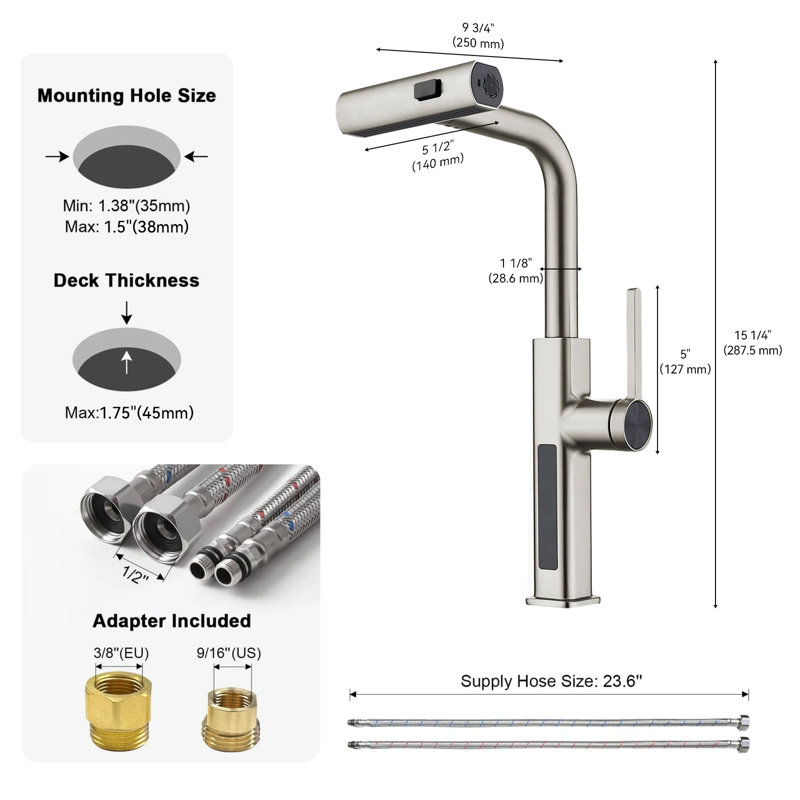 Single Handle Kitchen Faucet with Accessories, Brushed Nickel