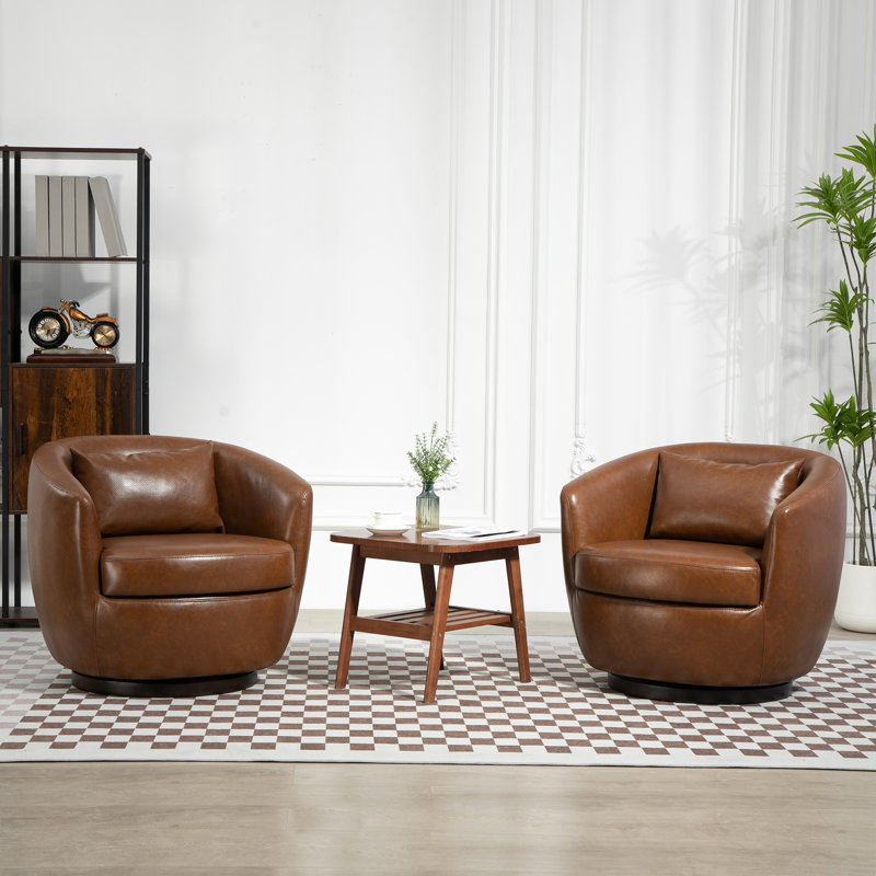 Fauteuil demi-tonneau rembourré pivotant avec rangement 2 pièces, Similicuir brun clair