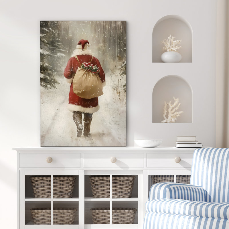 «Santa Claus Walking in Winter Road», reproduction d'art sur toile encadrée, H 48 po x l 32 po, Toile tendue