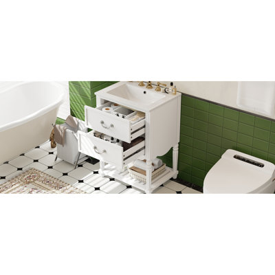 Meuble-lavabo blanc de 24 po avec lavabo en céramique, design rétro, deux tiroirs en U à fermeture en douceur, tablette ouverte d'inspiration lustrée Palace, tablette, fonctionnalité de robinet de 8 po compatible