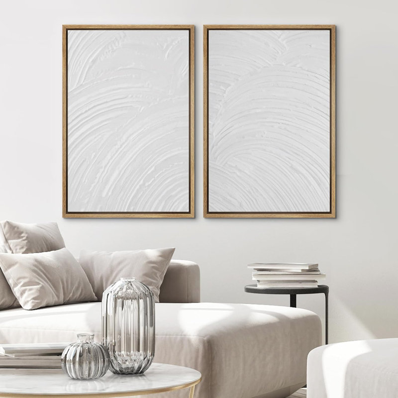 «3D Texture Illusion Minimalist White Elegant Abstract Modern Art», impression sur toile encadrée 2 pièces, Encadré naturel