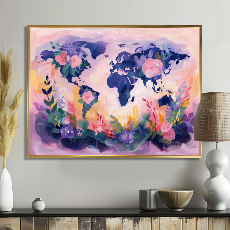 Rose mauve carte du monde «Blooms I» - art mural carte du monde, Cadre flottant doré, H 16 po x l 32 po x P 1 po