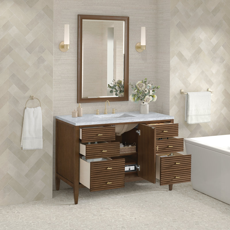 Myrrin 48'' W Single Vanity, Mid-Century Walnut, Carrara White, 8" Widespread