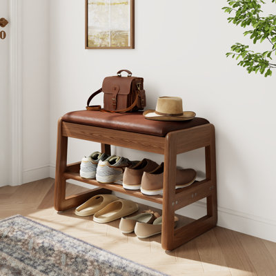 Banc à chaussures de rangement en bois massif avec options de coussins en cuir et lin