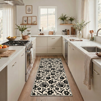 Tapis beige / noir à motif floral lavable à la machine avec envers antidérapant Veridiana