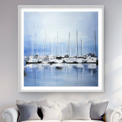 Boats at the Dock - Blue Marine Framed Matted Print Decor