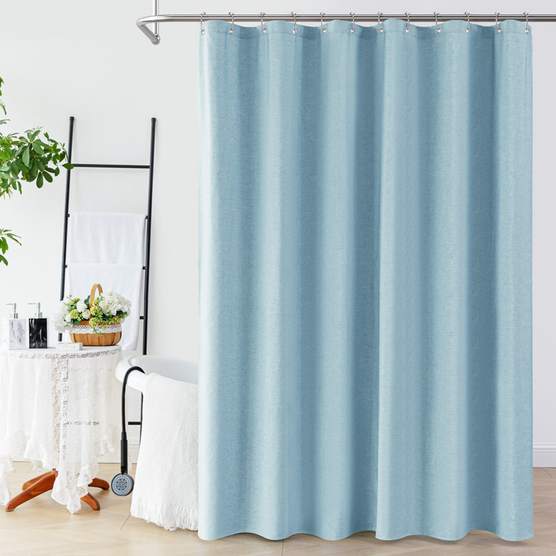 Linen Textured Shower Curtain and Hooks Set, Fog Blue