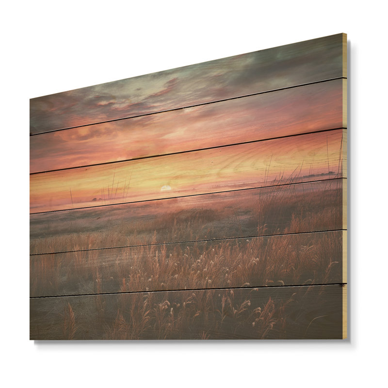 Tranquilles prairies au lever du soleil I - prairies, art sur bois de pin naturel, H 10 po x l 20 po