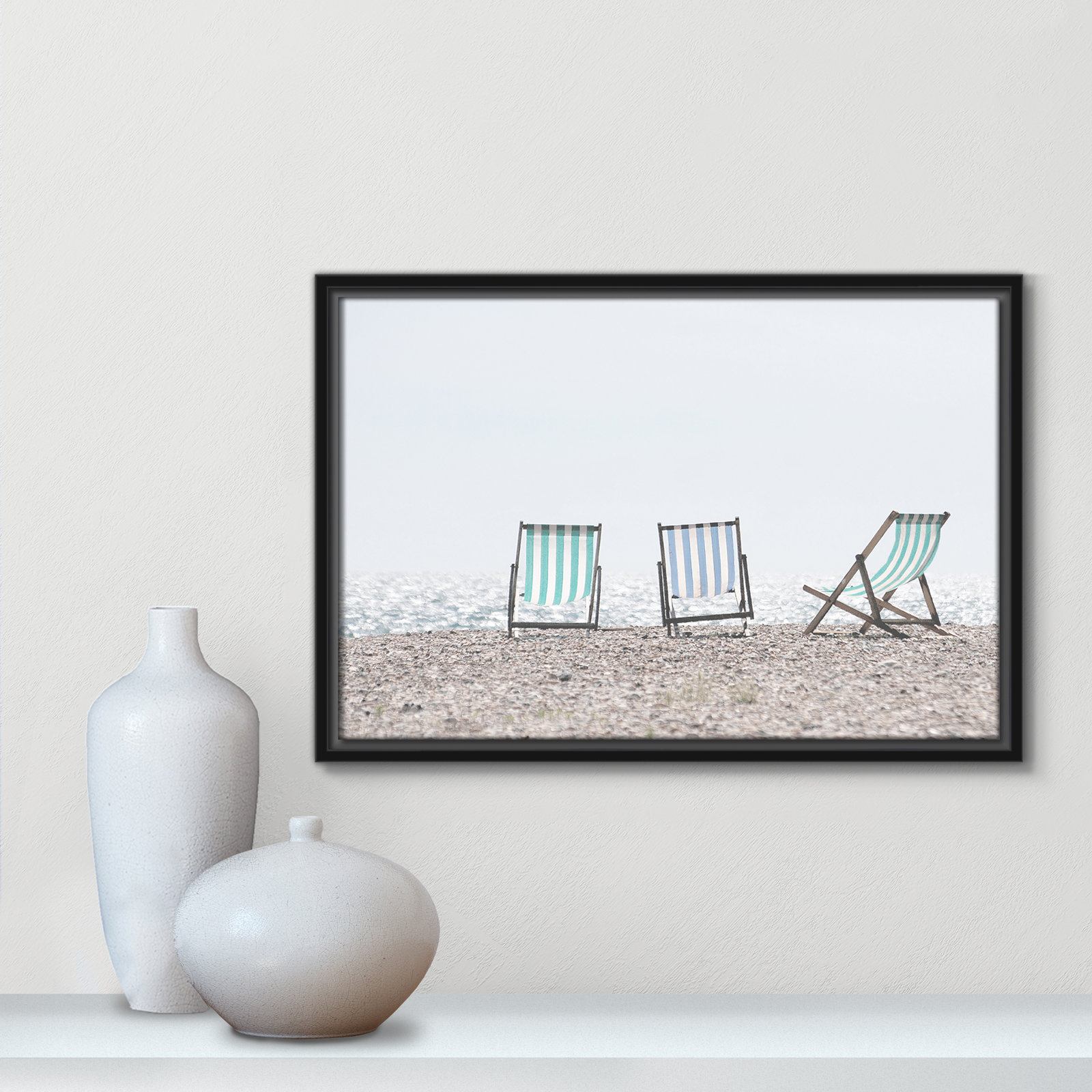 Adriatica "Beach Chairs" Print, 13.5" H x 19.5" W x 2" D, Black Framed Canvas
