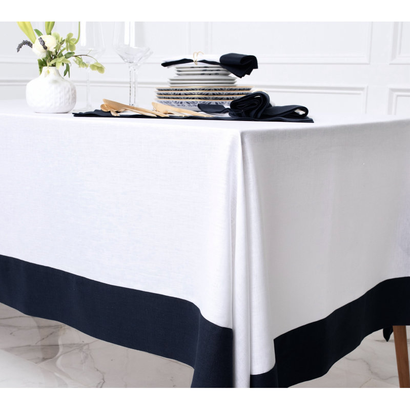 Contempo - 100% Pure Linen Tablecloth, 90" x 60", Navy/White